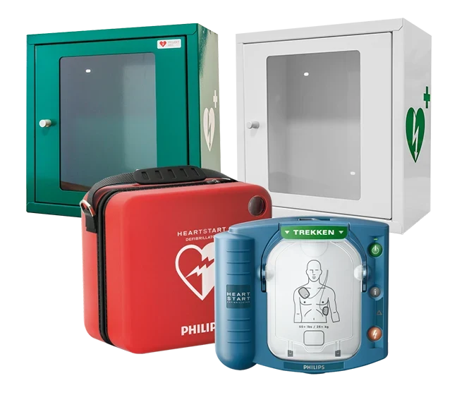 Philips HeartStart HS1 AED + tas + binnenkast inclusief alarm (wit of groen). Taal: Duits