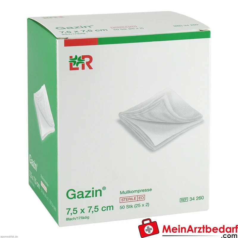 Gazin Kompresse sterile Mullkompresse 8-lagig 7,5 x 7,5 cm 100% Baumwolle 25x2 St