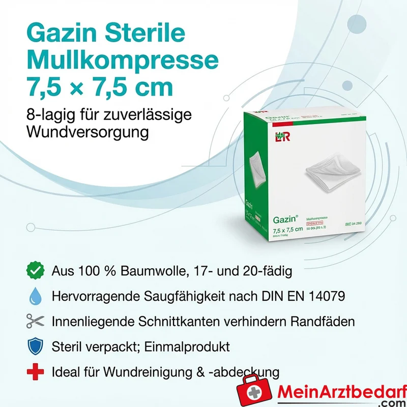 Gazin Kompresse sterile Mullkompresse 8-lagig 7,5 x 7,5 cm 100% Baumwolle 25x2 St