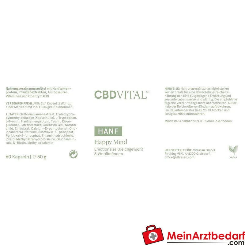 CBD VITAL Hanf Happy Mind Kapseln mit Griffonia (5‑HTP) 60 Stück