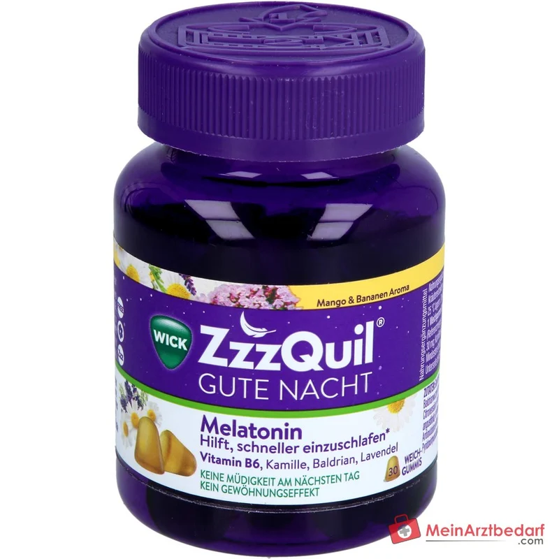 WICK ZzzQuil Gute Nacht Melatonin 1 mg Weichgummis 30 Stück Mango‑Banane