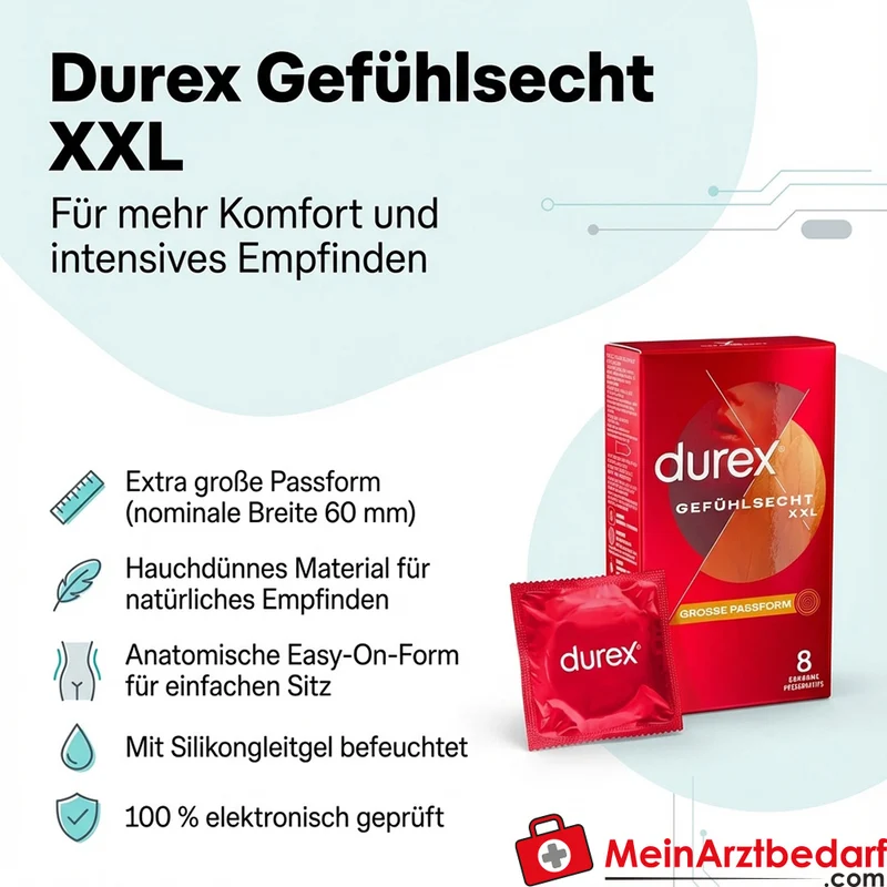 Durex Gefühlsecht XXL Kondome 60 mm breit, extra dünn (55 µm), mit Silikongleitgel