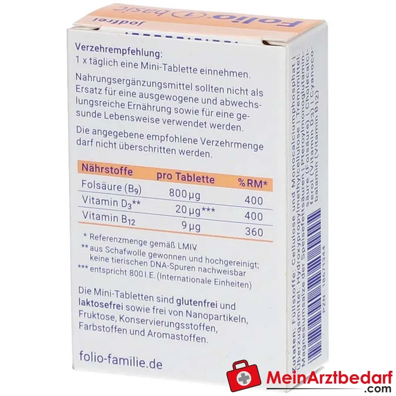 Folio 1 basic jodfrei Folsäure 800 µg, Vitamin B12 9 µg, Vitamin D3 20 µg Filmtabletten 90 Stück