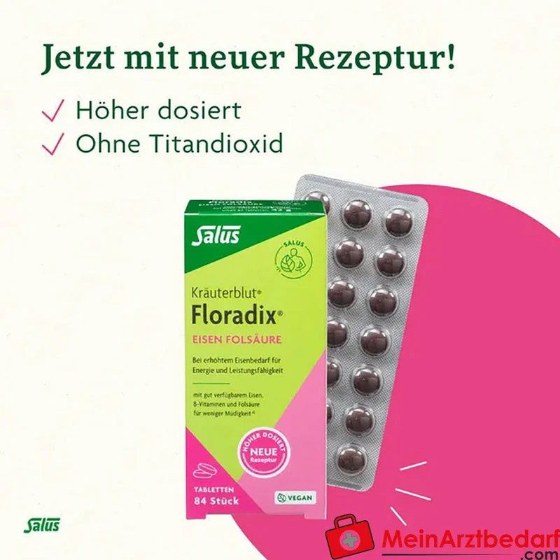 Salus Kräuterblut Floradix Eisen‑Folsäure 15 mg Eisen / 400 µg Folsäure Dragees 84 St.