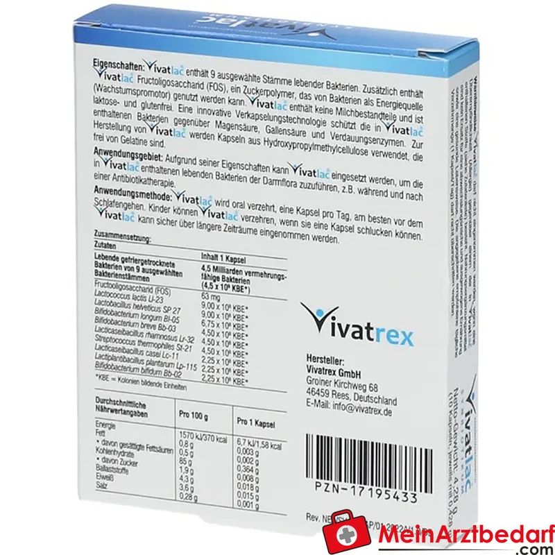 VIVATLAC Synbiotikum 4,5 Mrd. KBE pro Kapsel und 63 mg FOS, magensaftresistente Kapseln 10 Stück