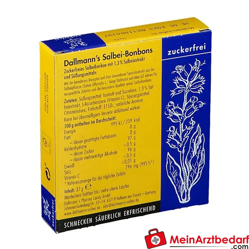 DALLMANNS Salbeibonbons zuckerfrei 1,3 % Salbeiextrakt mit Vitamin C, 20 St. 37 g