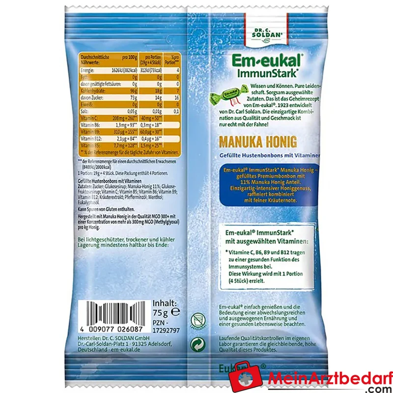 Em-eukal ImmunStark Manuka-Honig MGO 300+ Hustenbonbons mit Vitaminen C/B5/B6/B9/B12 75 g