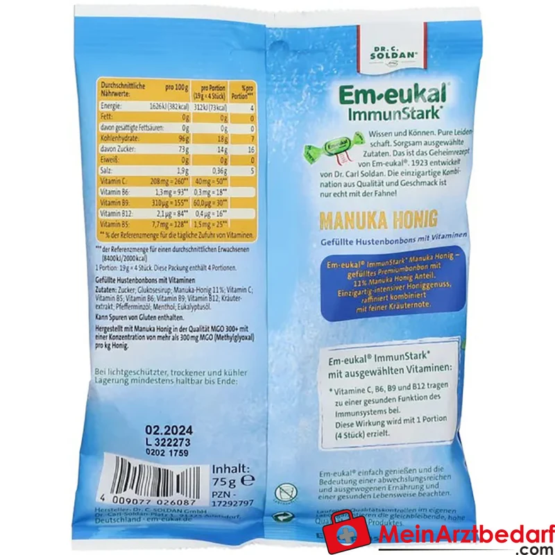 Em-eukal ImmunStark Manuka-Honig MGO 300+ Hustenbonbons mit Vitaminen C/B5/B6/B9/B12 75 g