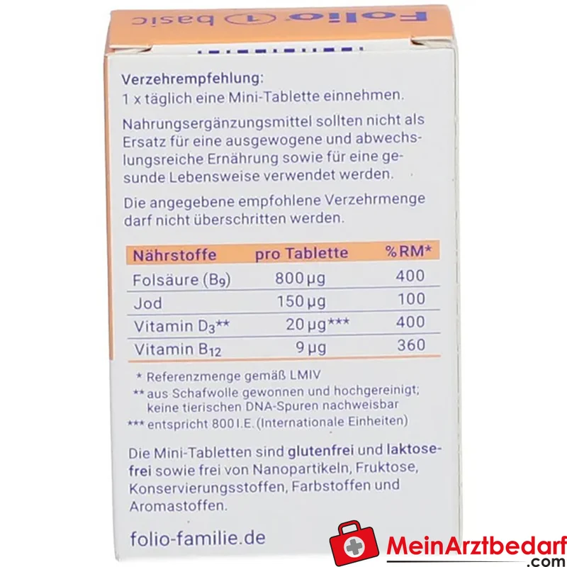 Folio basic Folsäure 0,8 mg Vitamin B12 D3 Jod Filmtabletten 90 Stück