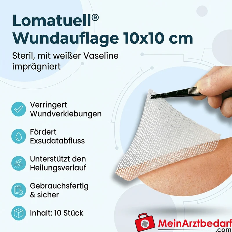 Lomatuell Wundauflage steril Baumwolltüll mit weißer Vaseline 10 x 10 cm 10 Stück
