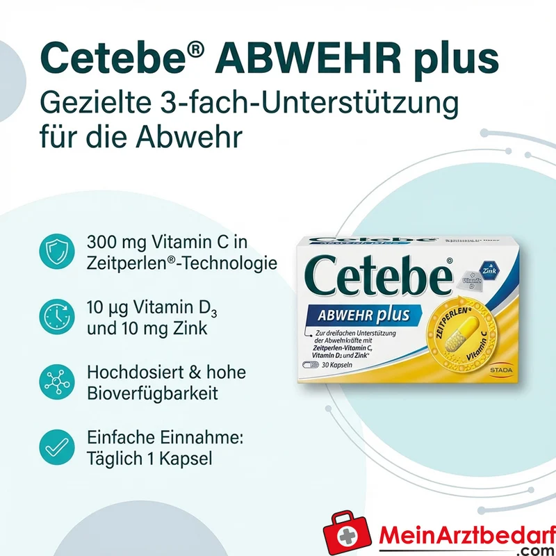 Cetebe ABWEHR plus Kapseln Vitamin C 300 mg, Vitamin D3 10 µg, Zink 10 mg, 30 Stück