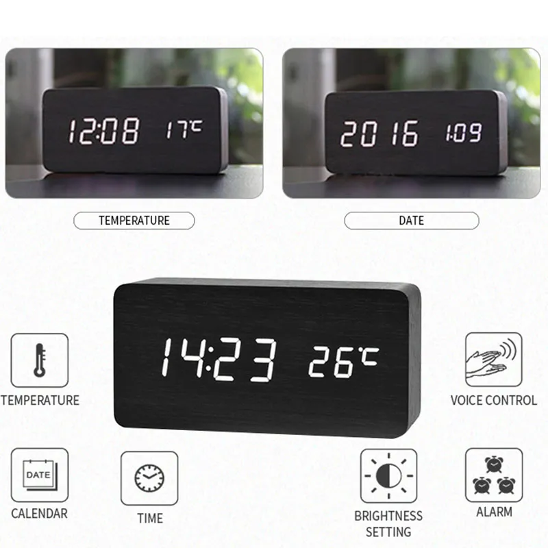 Holz LED Digitaler Wecker - Elegant mit Temperaturanzeige