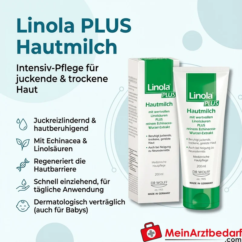 Linola PLUS Hautmilch Körperlotion 200 ml für juckende, trockene und irritierte Haut