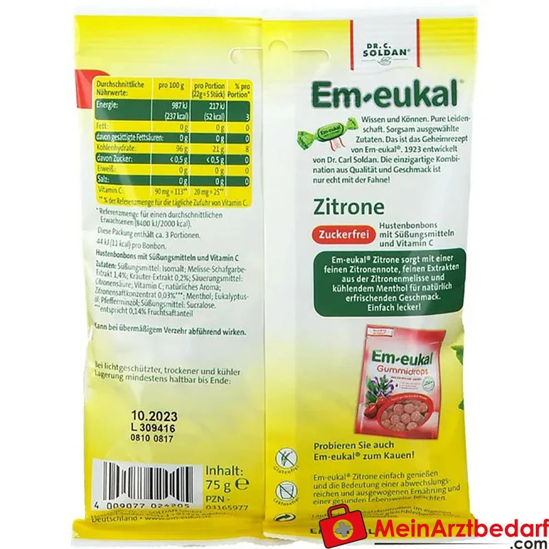 Em-eukal Zitrone zuckerfrei Lutschbonbons mit Vitamin C 75 g