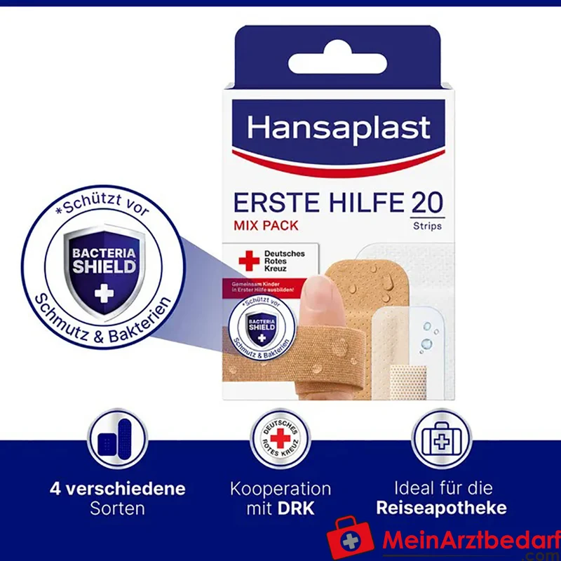 Hansaplast Erste Hilfe Pflaster Mix Strips Bacteria Shield latexfrei 20 Stück