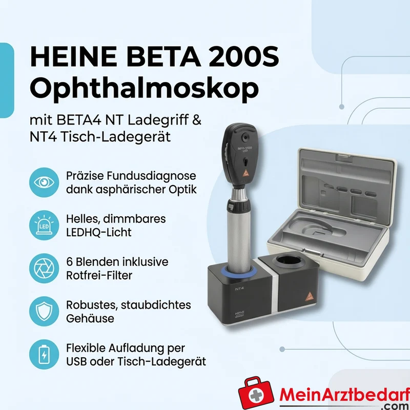 HEINE BETA 200S Ophthalmoskop LEDHQ mit BETA4 NT Ladegriff und NT4 Tisch-Ladegerät