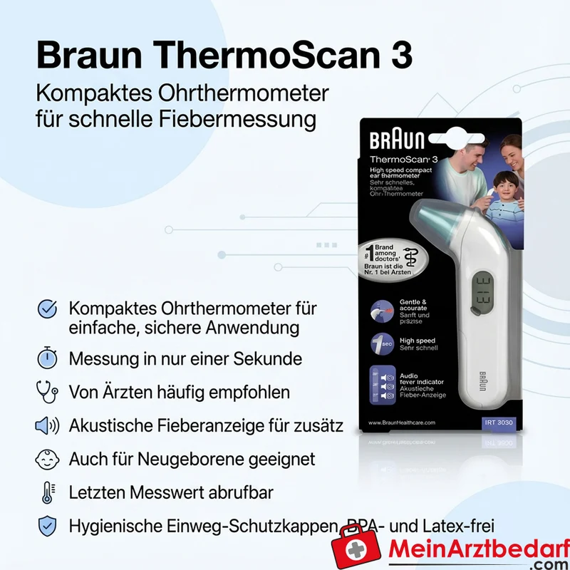 Braun ThermoScan 3 Ohr-Kompaktthermometer digital akustische Fieberanzeige 1 Stück
