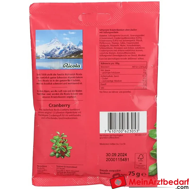Ricola Schweizer Kräuterbonbons Cranberry zuckerfrei 75 g