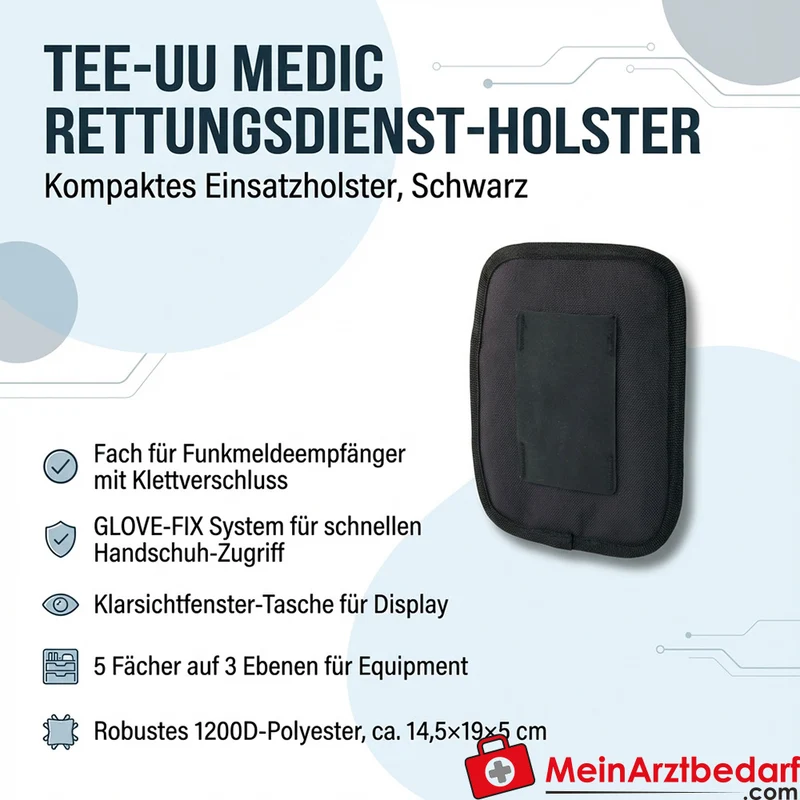 TEE-UU MEDIC Rettungsdienst-Holster schwarz, 1200D Polyester, 14,5×19×5 cm – GLOVE-FIX, 5 Fächer, Klarsichtfach