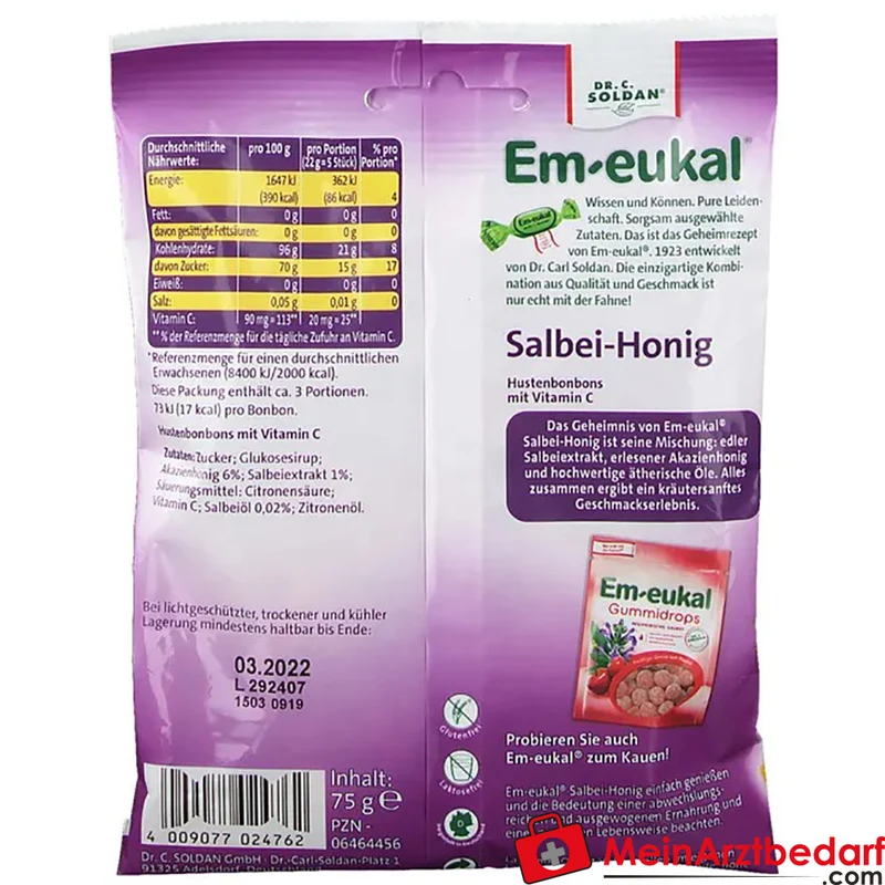 Em-eukal Salbei-Honig Bonbons zuckerhaltig mit Salbeiextrakt und Akazienhonig 75 g