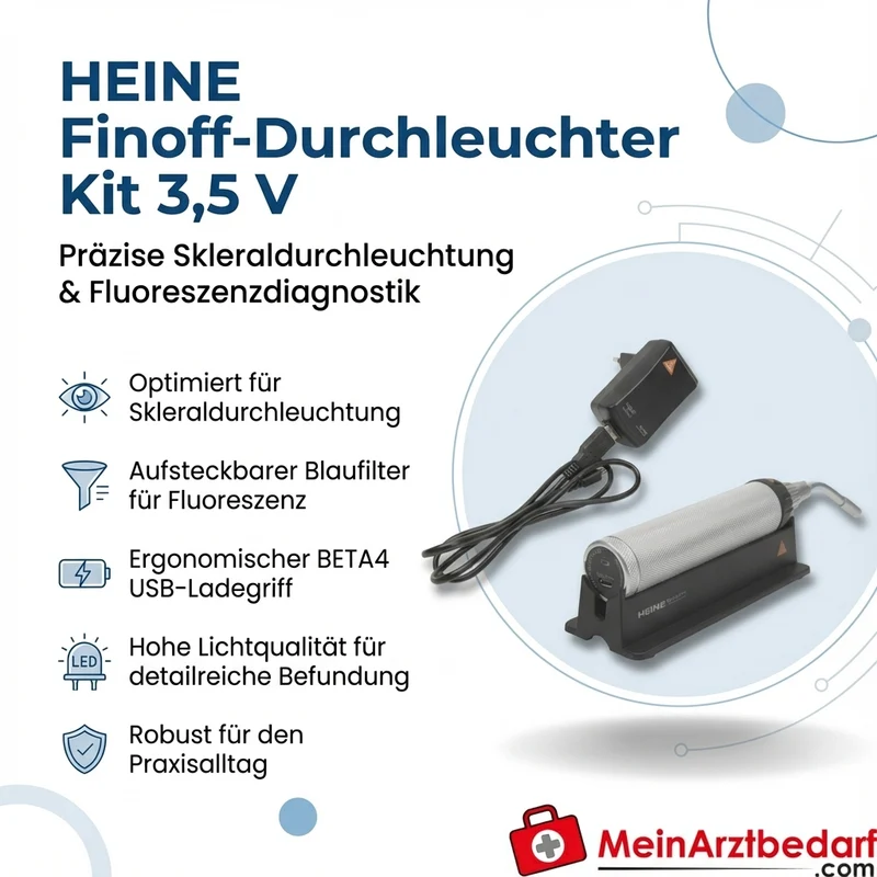 HEINE Finoff-Durchleuchter Kit 3,5 V BETA4 USB-Ladegriff Blaufilter Skleraldurchleuchtung