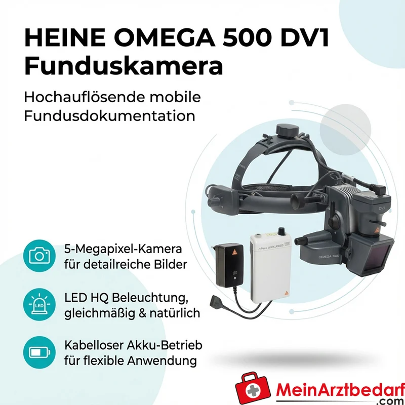 HEINE OMEGA 500 DV1 Funduskamera Kopfband mPack Akku Steckertrafo