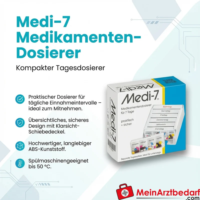 Medi-7 Medikamenten-Dosierer ABS Kunststoff mit Klarsicht-Schiebedeckel, 1 Stück, kompakt 12,5×5,0×11,5 cm