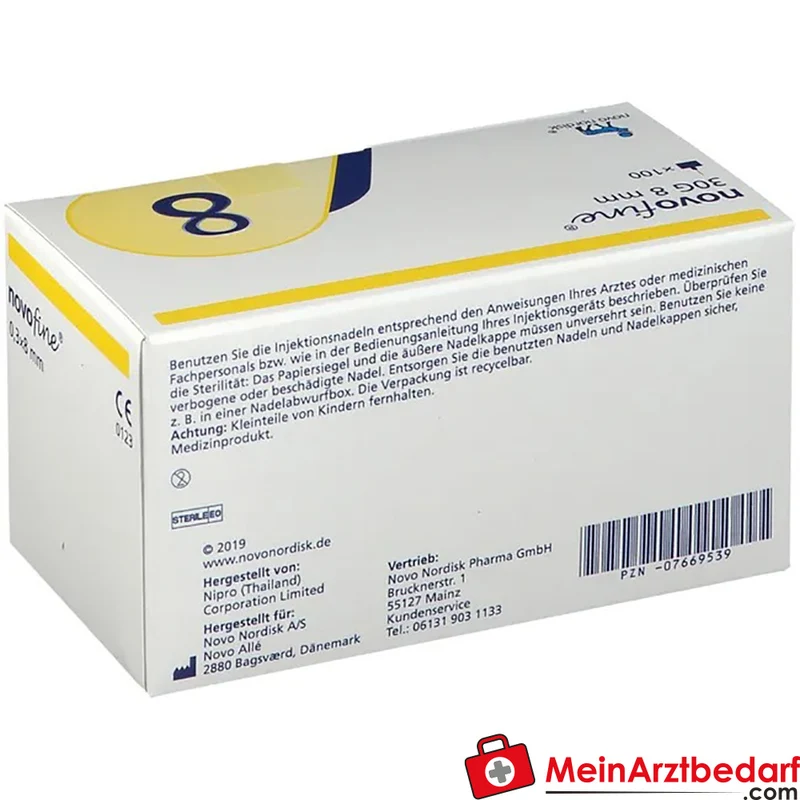 NovoFine Injektionsnadeln 0,30 x 8 mm (30G) Einmalnadel TW 100 Stück