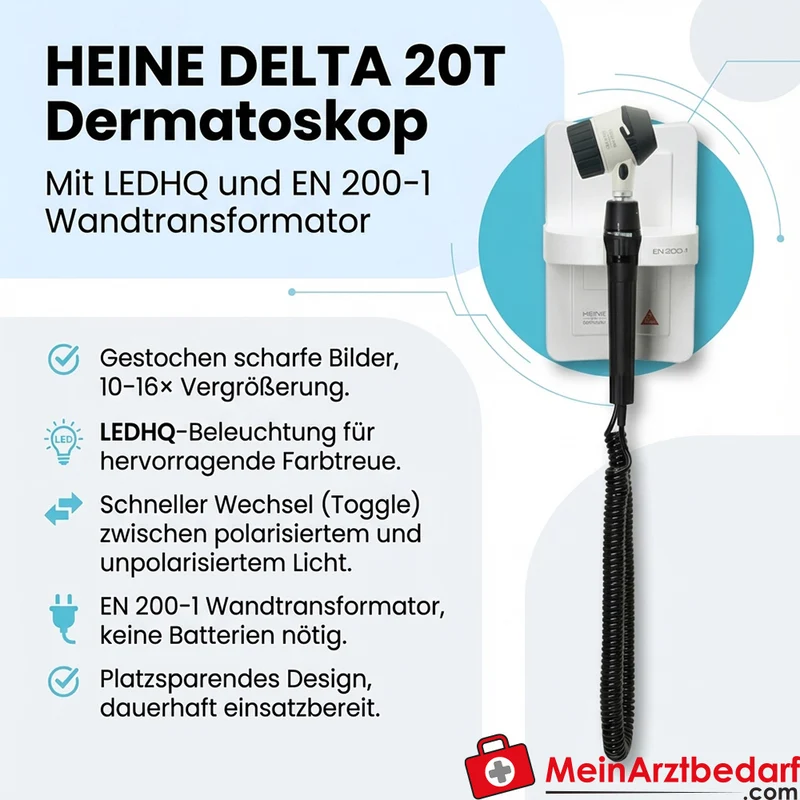 HEINE DELTA 20T Dermatoskop 10–16× LEDHQ Toggle, EN 200-1 Transformator