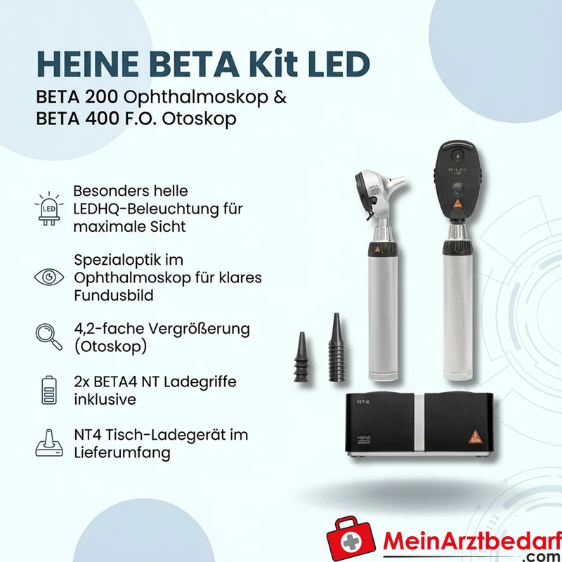 HEINE BETA Kit LED - BETA 200 Ophthalmoskop und BETA 400 F.O. Otoskop, 2x BETA4 NT Ladegriff, NT4 Tisch-Ladegerät