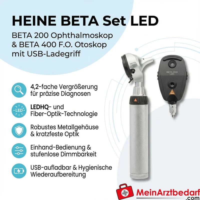 HEINE BETA Set LED: BETA 200 Ophthalmoskop & BETA 400 F.O. Otoskop, USB-Ladegriff