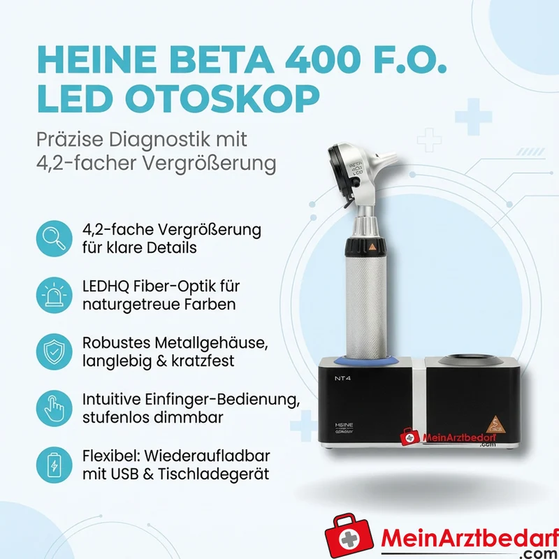 HEINE Otoskop BETA 400 F.O. LED mit BETA4 NT Ladegriff und NT4 Tisch-Ladegerät