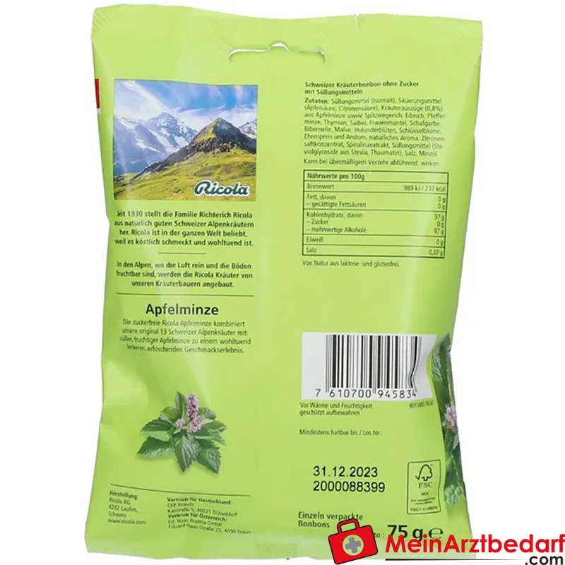 Ricola Schweizer Kräuterbonbons Apfelminze zuckerfrei Bonbons 75 g