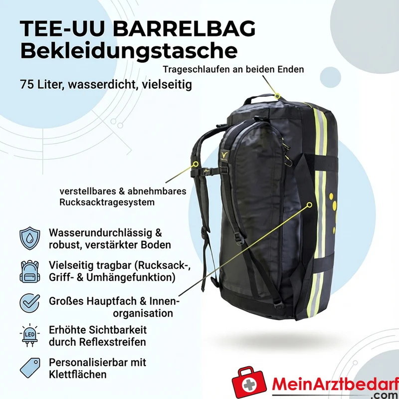 TEE-UU BARRELBAG Bekleidungstasche 75 L wasserdicht mit verstärktem Boden, Rucksack- und Umhängefunktion, Reflexstreifen