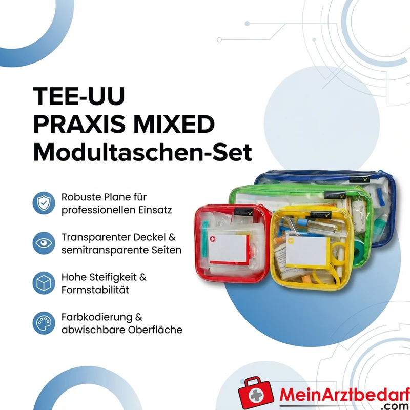 TEE-UU PRAXIS MIXED Modultaschen-Set 4-teilig, Plane, transparenter Deckel, farbcodiert, 2x M (15x5x15 cm) 2x L (30x5x15 cm)