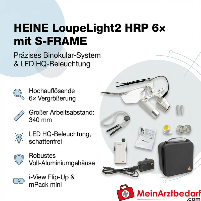 HEINE LoupeLight2 HRP 6x Binokularlupe 340 mm mit S‑FRAME und mPack mini