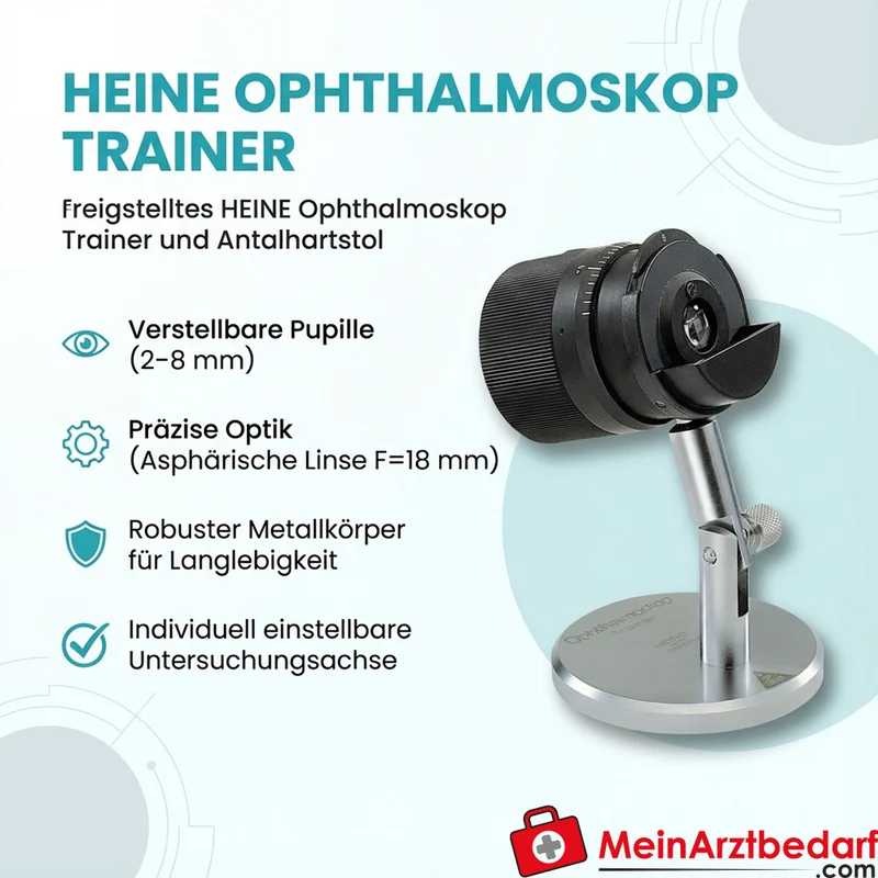 HEINE Ophthalmoskop Trainer Modellauge, verstellbare Pupille 2–8 mm, asphärische Silikatglaslinse F = 18 mm, Metallgehäuse