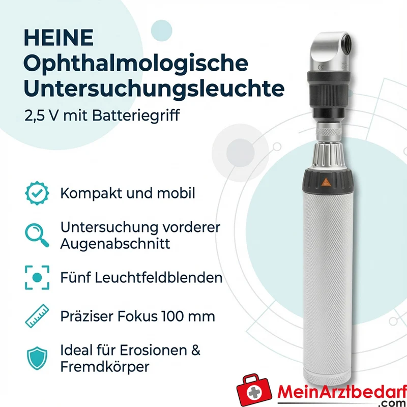 HEINE Ophthalmologische Untersuchungsleuchte 2,5 V mit Batteriegriff, 5 Leuchtfeldblenden, Fokus 100 mm