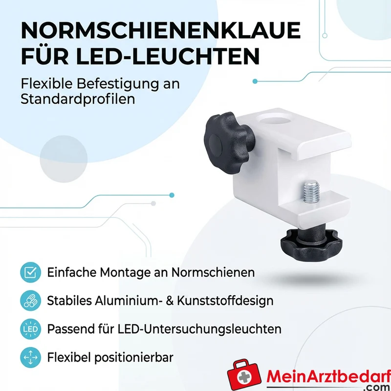LUXAMED Normschienenklaue für LED-Untersuchungsleuchten, Normschienenadapter aus Aluminium