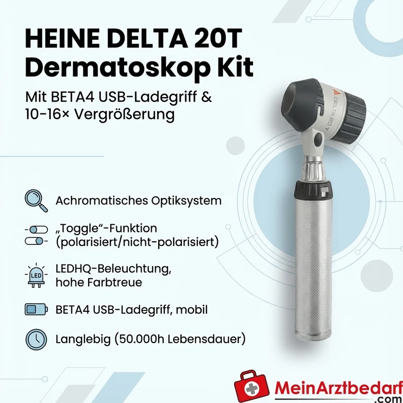 HEINE DELTA 20T Dermatoskop Kit BETA4 USB-Ladegriff LEDHQ 10–16× Vergrößerung Toggle