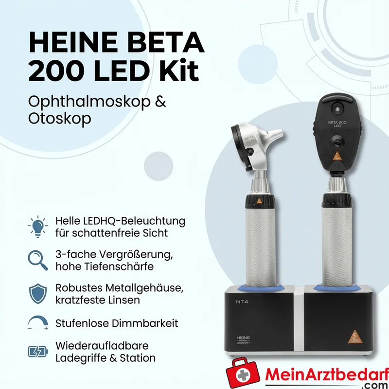 HEINE BETA 200 LED Ophthalmoskop und BETA 200 LED F.O. Otoskop Kit mit BETA4 NT Ladegriffen und NT4 Tisch-Ladegerät