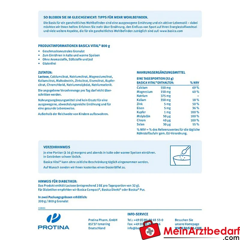 Basica Vital basisches Granulat Calcium Magnesium Zink 800 g