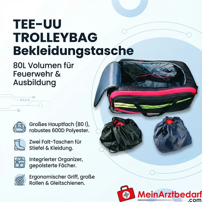 TEE-UU Trolleybag Bekleidungstasche 80 L Feuerwehr Tasche 600D Polyester Schwarz/Rot mit Rollen