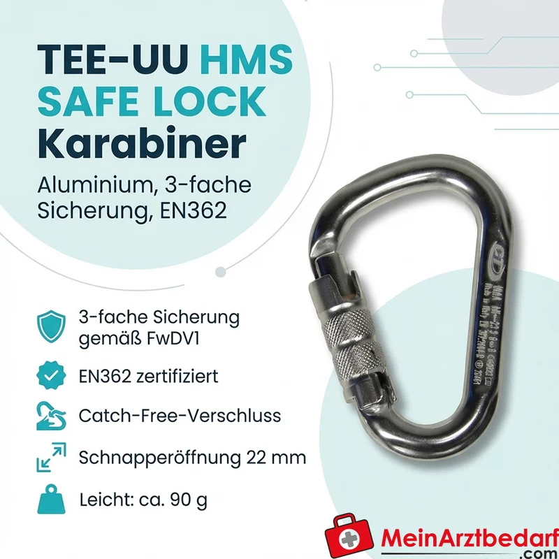 TEE-UU HMS Safe Lock Karabiner Aluminium EN362 3-fach Sicherung 22 mm Schnapperöffnung