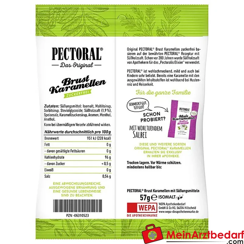 Pectoral Brust-Karamellen zuckerfrei mit Menthol Lutschpastillen 57 g