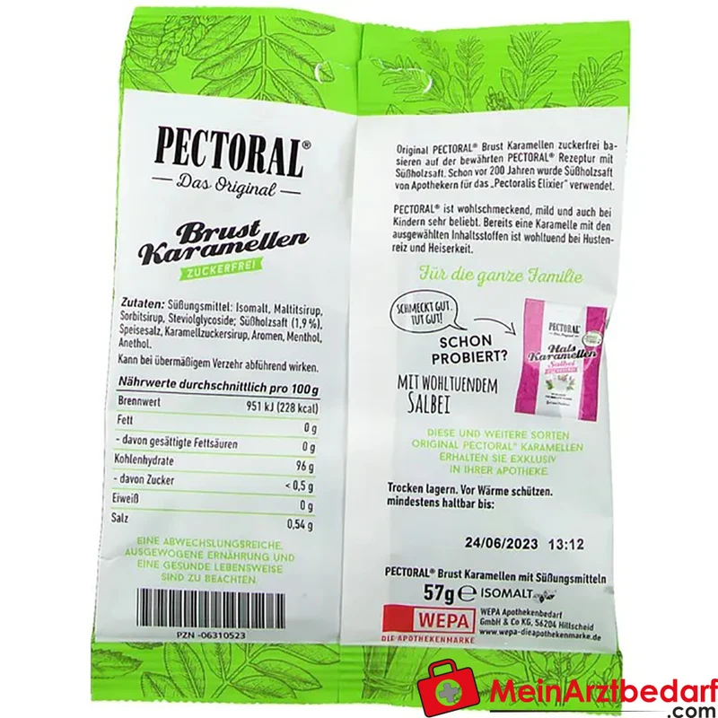 Pectoral Brust-Karamellen zuckerfrei mit Menthol Lutschpastillen 57 g
