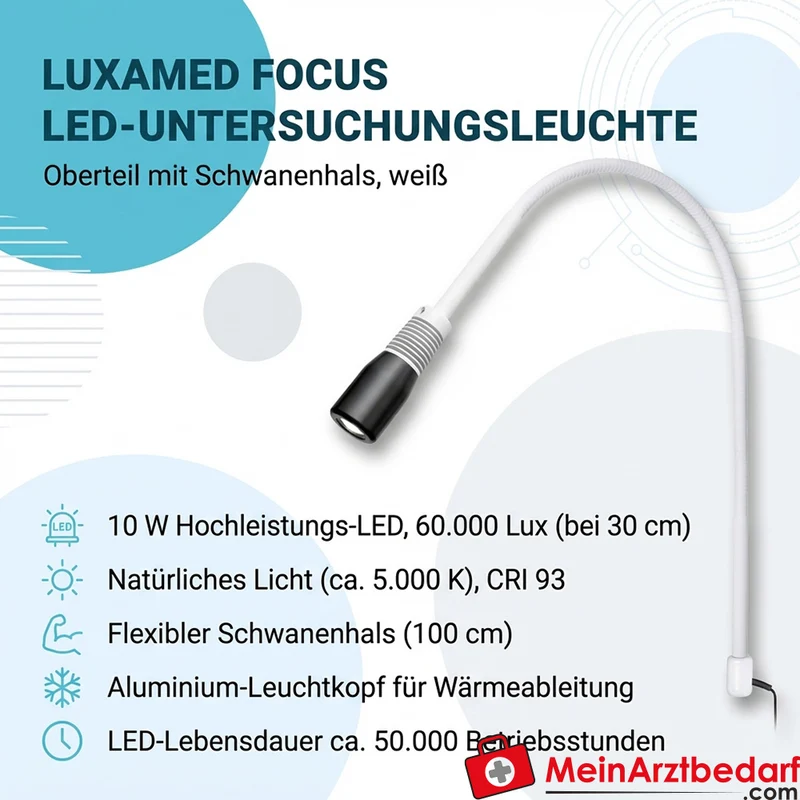 LUXAMED FOCUS LED-Untersuchungsleuchte Oberteil weiß 10 W 60.000 Lux/30 cm CRI 93 Schwanenhals 100 cm