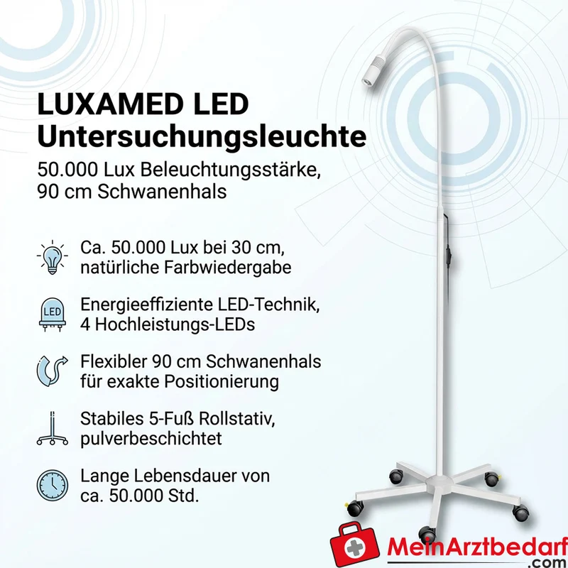 LUXAMED LED Untersuchungsleuchte 50.000 Lux Schwanenhals 90 cm 5-Fuß Rollstativ weiß