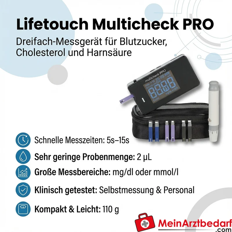 Lifetouch multicheck PRO Dreifach-Messgerät Glucose Cholesterin Harnsäure 2 µL