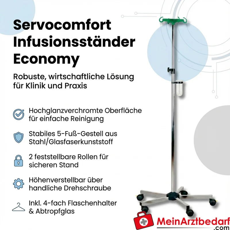 Infusionsständer Economy höhenverstellbar 5-Fuß Stahl/Glasfaser 4-fach Flaschenhalter Abtropfglas 2 feststellbare Rollen